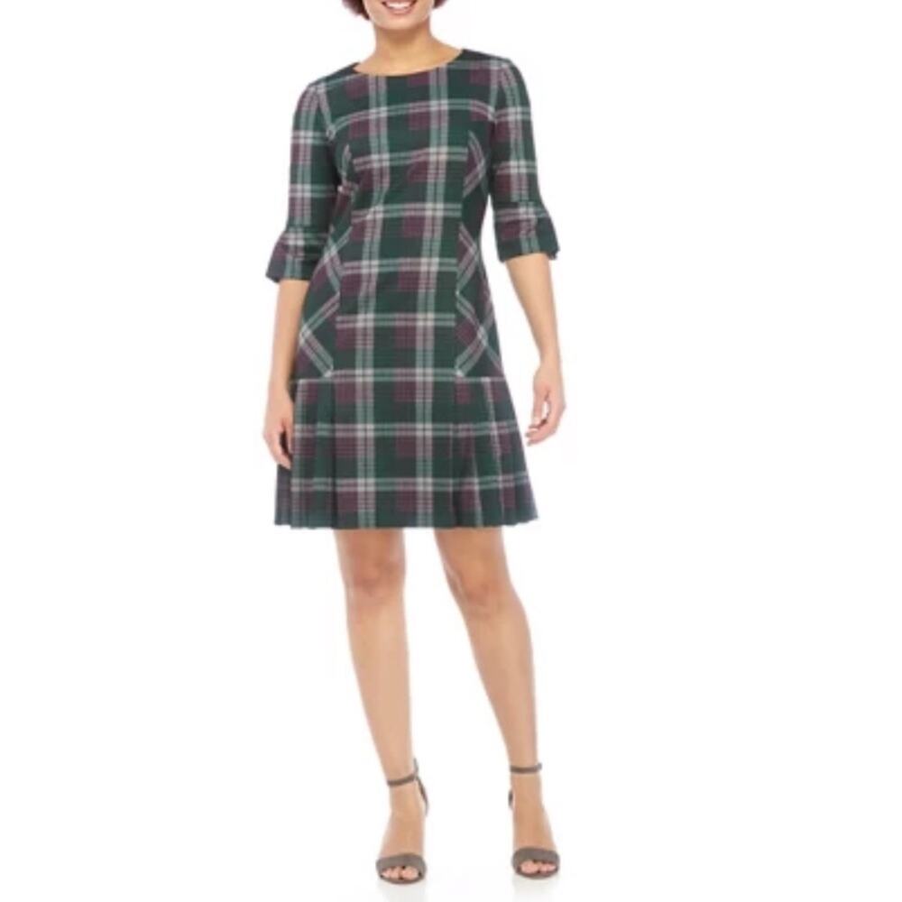 Tahari ASL green burgundy plaid ponte elbow sleeve pleated knee length dress 4